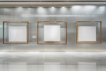 a ultra-modern gallery with a sleek, monochromatic design showcases three wooden frames, each encapsulating a white void, hung against a wall with a glossy white surface exhibit