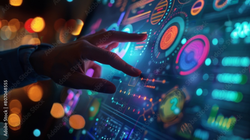 Aufkleber a close-up of a hand adjusting a colorful infographic on a digital screen, symbolizing data manipula
