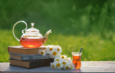 Chamomile flowers, books, glass teapot and cup with herbal tea on table in garden, natural abstract...