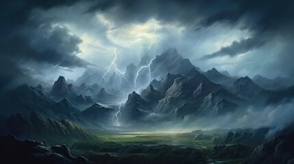 classic oil painting capturing ,thunderstorm breaks over a rugged mountain range,