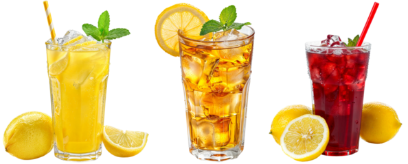 Ice cold and fresh beverage collection, ice tea, yellow citrus and red berry lemonade, isolated on a transparent background
