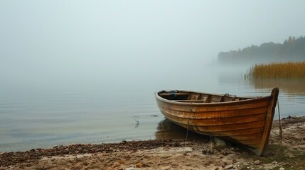 Wooden boat on the lake. The boat is anchored near the shore. The water is calm and still. The sky is foggy. The trees on the shore are bare.
