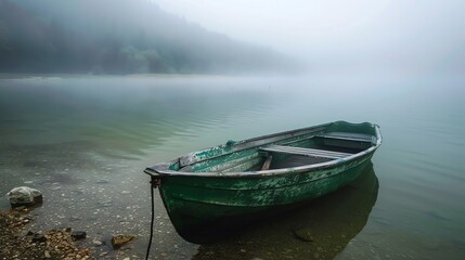 The wooden boat is anchored in the middle of a foggy lake. The water is still and the boat is reflected in the water.