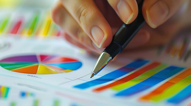 A close-up of a hand holding a pen, making notes on a printed business report with colorful graphs and charts, depicting analysis and strategy.