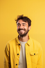 Fototapeta premium portrait of young man with brow hair in casual yellow shirt smiling on yellow background. made with generative ai