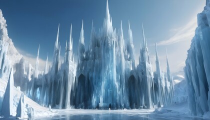 A magnificent ice palace with towering spires and