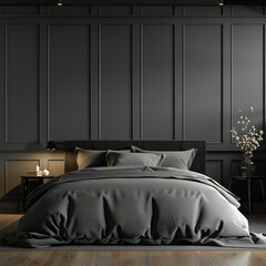 Chic minimal bedroom, dark grey wall panels, simple elegant bedding, diffuse evening light, wide angle shot