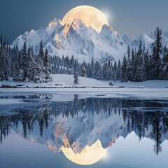Dreamlike snowy landscape, mirrored mountains in frozen lake, full moon illumination, panoramic shot