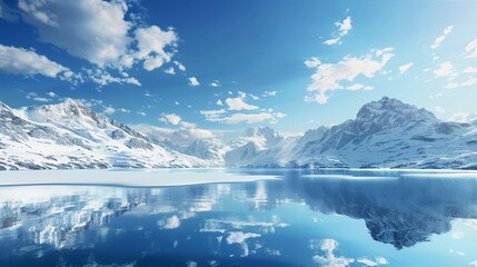 Peaceful snowy mountains with a still lake, clear blue sky, fluffy clouds, panoramic view, midday - Powered by Adobe