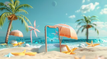 Immersive Coastal Bliss Vibrant Summer Seaside on Mobile with Azure Backdrop in 3D Illustration
