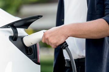 Man recharging battery for electric car during road trip travel EV car in natural forest or...