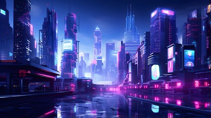 Night city panorama with neon lights and reflections. 3d rendering