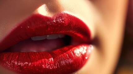 Obraz premium A close-up of a vibrant red liquid lipstick being applied to lips, 