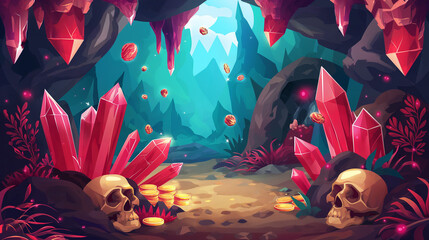 Treasure cave with red crystals on garden vector cartoon, gold coin and skull, illustration