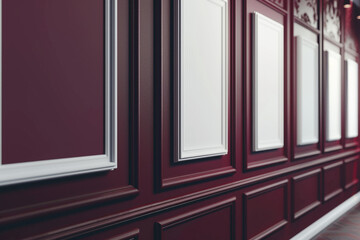 From an side, a gallery wall adorned with a series of frames against a backdrop of Royal Burgundy exhibit