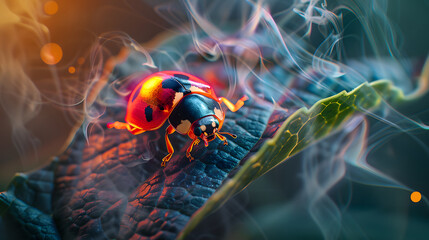 ladybugs with neon light effects are perched on leaves with smoke effects