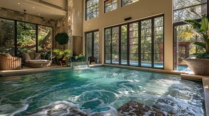 Luxurious Retreat Opulent Pool with Abundant Windows Creates Seamless Indoor-Outdoor Connection
