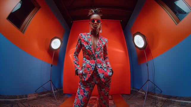 Young female model posing in a blue and red patterned suit