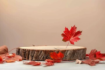 Wooden podium with autumn red leaves, minimal aesthetic background for product presentation 