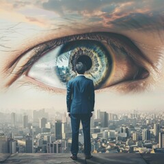 A surreal image of a giant eye in the sky, overseeing a businessman below, evoking themes of surveillance, observation, and scrutiny