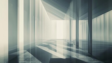 minimalist composition with intersecting lines and ethereal shades of light, featuring a white wall as the main focus