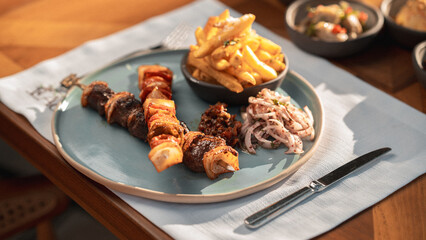 Grilled Lula kebab on skewers with spices. Turkish Kebab