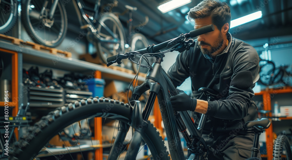 Wall mural focused man repairing a mountain bike inside a well-equipped bicycle workshop