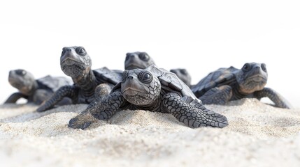 A group of baby turtles laying on the sand