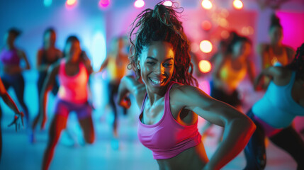 Energetic dance workout in vibrant fitness studio