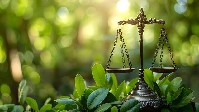 Justice scales and nature show connection to sustainable environmental conservation and law. Concept Environmental Conservation, Legal Justice, Sustainable Practices
