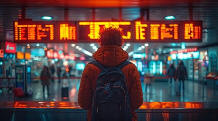 Fototapeta premium A person passenger man is sitting in a terminal building while looking at an arrival and departure information display to find their route.