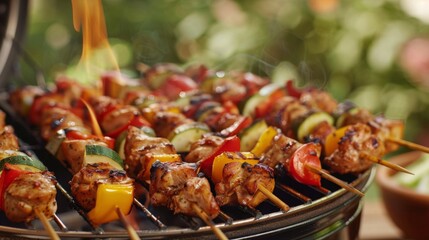 A family gathering around a backyard barbecue, grilling juicy chicken skewers made from homegrown, organically raised poultry.