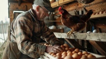 A farmer collecting eggs from nesting boxes in a well-kept chicken coop, emphasizing the importance of hygiene and egg quality.