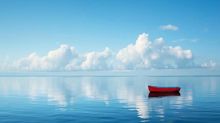This is a beautiful image of a red boat on a calm lake. The water is crystal clear and reflects the...