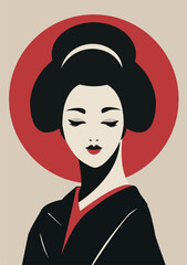 Portrait Japanese geisha in kimono. Traditional japanese woman design. Minimalistic contemporary poster. Wall art design. Vector stock