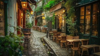Romantic Parisian Charm Quaint Street Lined with Cafe Tables in France's Capital
