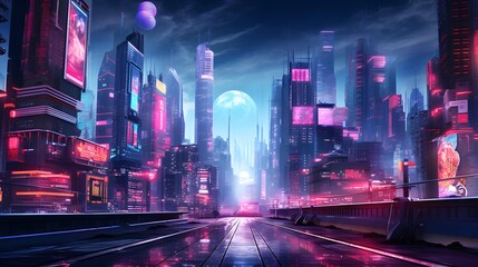 Night city panorama with road, skyscrapers and neon lights