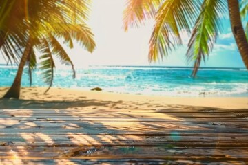 Wooden old table of free space for your decoration. Summer beach landscape with palms and ocean. Summer sunny day and sun light. 