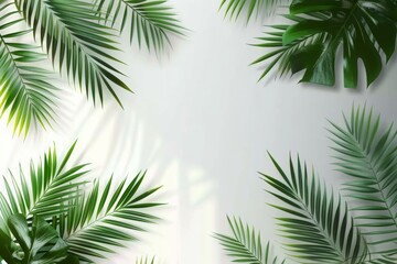 Fototapeta na wymiar Tropical palm leaves on a white and grey background for designs. Summer Styled. High quality image. Top vie 