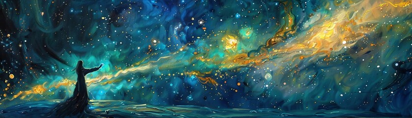 Craft a dynamic oil painting featuring a silhouette of a traveler dancing under a starlit sky, with nanotechnology-infused constellations illuminating their path, merging traditional folk dance elemen