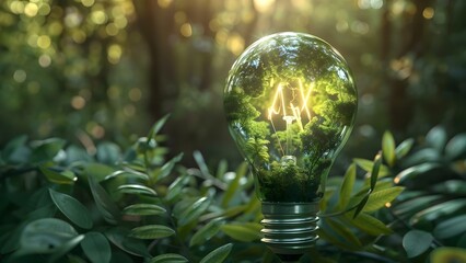 Sustainable Development and Renewable Energy Concept: Green Light Bulb with Jungle Inside. Concept Sustainable Development, Renewable Energy, Green Light Bulb, Jungle Inside, Eco-friendly Technology