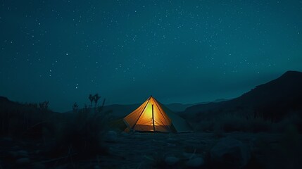 Under a sky full of stars, a lone tent is lit up from the inside, creating a warm and inviting glow.
