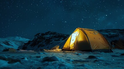 This is a photo of a tent lit up at night in the mountains. The tent is surrounded by snow. There is a starry sky above the tent.