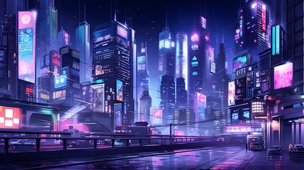 Night city panorama with road and cars. Panoramic illustration
