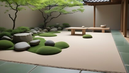 A zen garden with gradients of jade green and sand