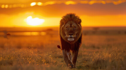 A majestic lion walking towards the camera, with its powerful silhouette illuminated by golden...
