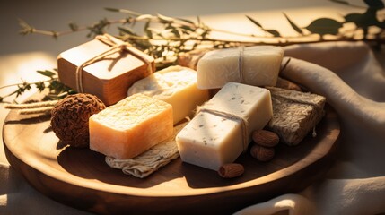 A collection of natural soap bars displayed on a rustic wooden tray,