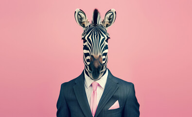 Obraz premium Stylish funny zebra in a suit looking at the camera on a pink background, animal, creative concept