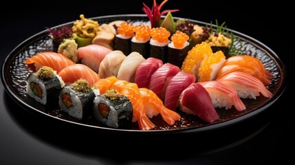A colorful platter of sushi, featuring a variety of nigiri, 