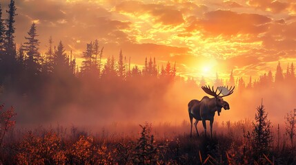 A majestic moose stands in a field of tall grass at sunset. The warm light of the setting sun casts a golden glow over the scene.